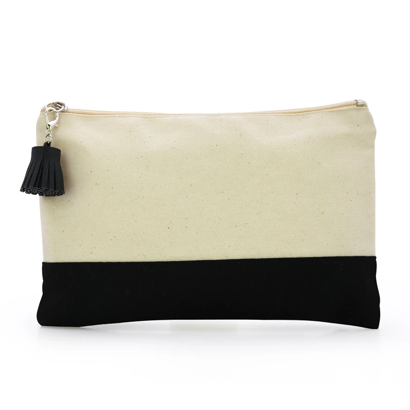 

100pcs Plain Black Nature Cotton Canvas Travel Toiletry Pouch Cosmetic Bag PU tassel Custom Accept