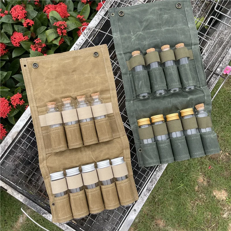 

BBQ Seasoning Storage Bag Outdoor Cooking Spice Jar Set Folding Canvas Picnic Ingredients Pack Jars with Lid Glass Canister Set