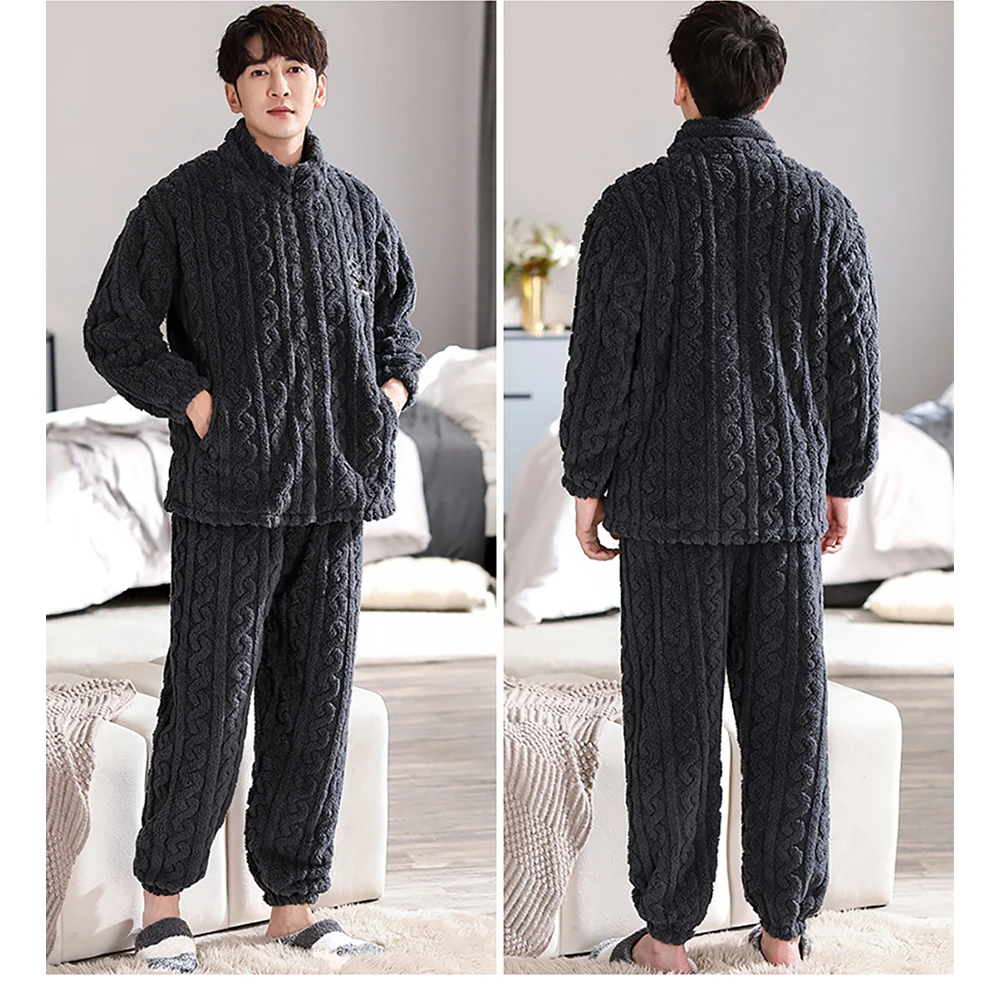 Zipper Warm Flannel Long Plush Pajamas for Men Winter Thicken Coral Fleece Male Pajamas Set Simple Casual Solid pyjama homme 3XL