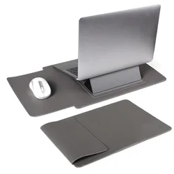 Versatile PU Leather Laptop Sleeve with Stand and Built - In Mouse Pad - Shockproof Protection - 15 - 16 inch (Grey)