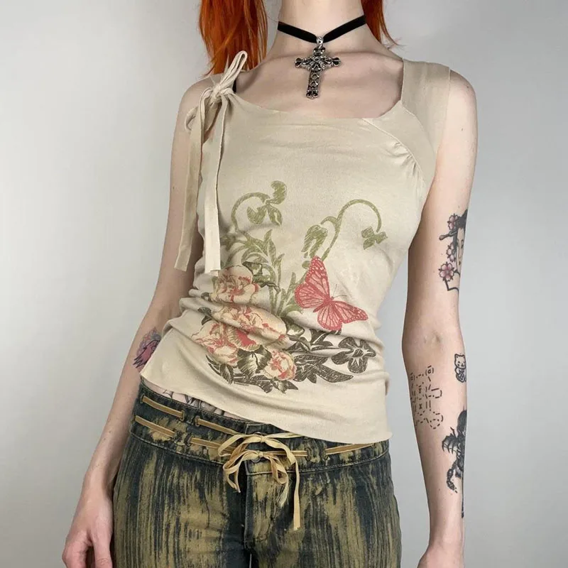 

Y2K Lace-up Bow Tank Top Fairycore Grunge Floral Printed Sleeveless Tops Khaki Boho Aesthetic Chic Camis Vintage Vest