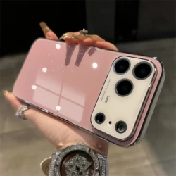 Luxury Shiny Glitter Glossy Glass Phone Case with Plating Lens Protector and Shockproof Design - iPhone 15 (Pink)