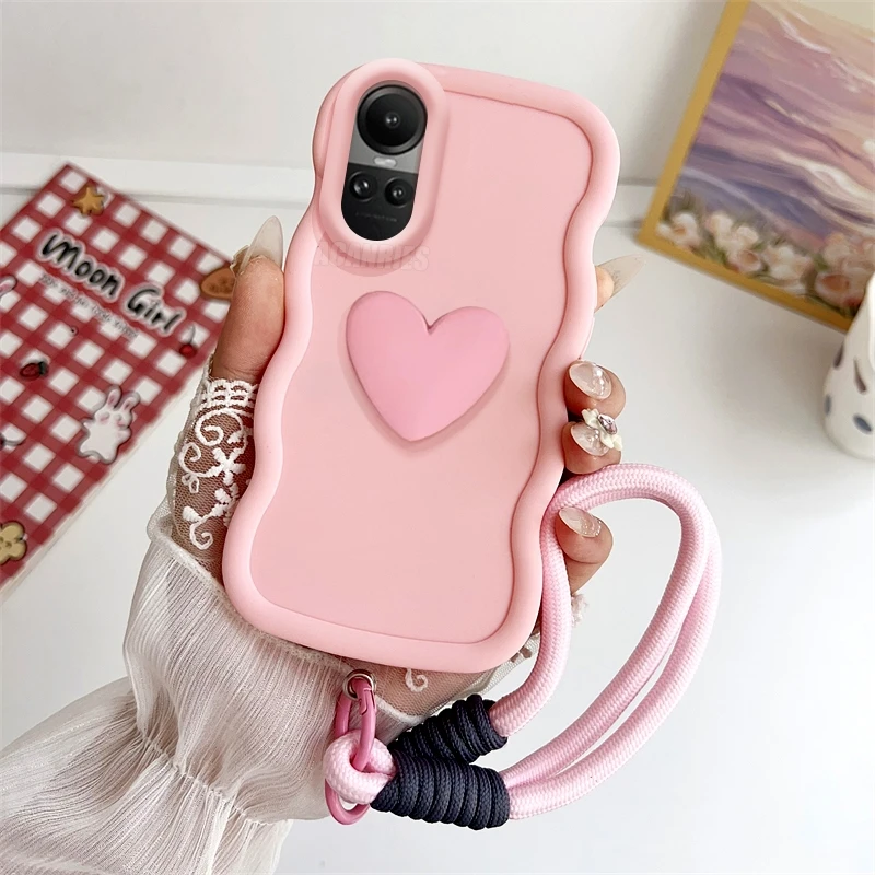Love Heart Wavy Silicone Case with Lanyard Wrist Strap Cover