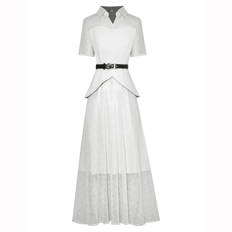 

Summer Women Long Dress V-Neck Short Sleeve Belt Hollow Out Patchwork Office Lady Dresses For Women 2023 Runway Luxury Brand