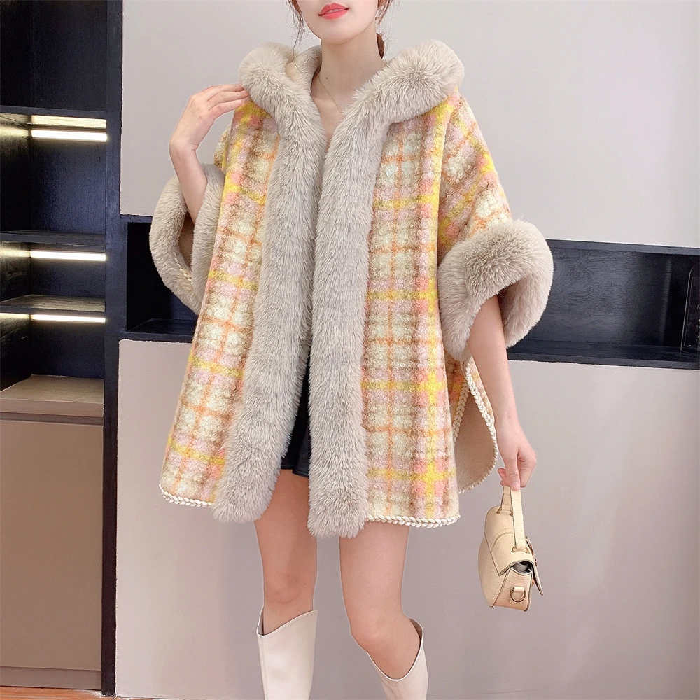 4 Colors Winter Thick Warm Velvet Oversize Cloak Women Striped Long Faux Rabbit Fur Loose Poncho Cape Fashion Overcoat With Hat