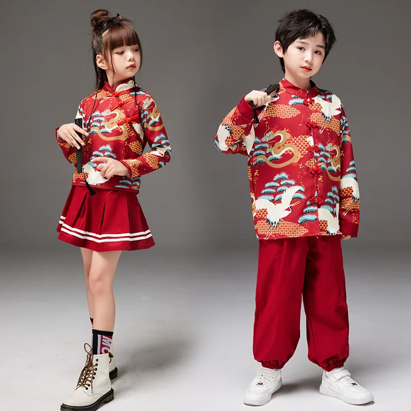 남아용 고대 당나라 코스튬 무대 의상, 중국 스타일 프린트 의상 세트, 소녀 한푸 스커트 스타일, 중국 새해 복장