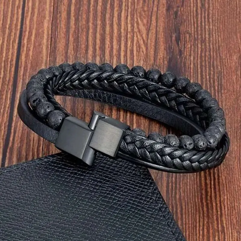 Beaded Bracelet Stone Bracelet Leather Bracelet Leather Bangle Stainless Steel Bangle Fashion Volcanic Stone Beaded Bracelet Mutilayer Braided Leather Bracelet For Men Stainless Steel Magnetic Bangle Jewelry Gift