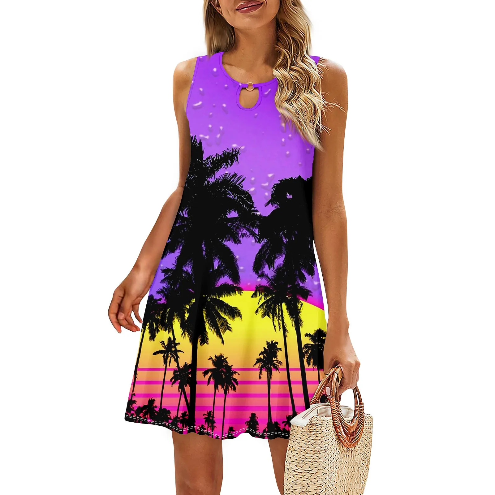 

Women Casual Summer Printed Tank Sleeveless Dress Hollow Out Loose Beach Dress vestidos para mujer elegantes y bonitos 2024