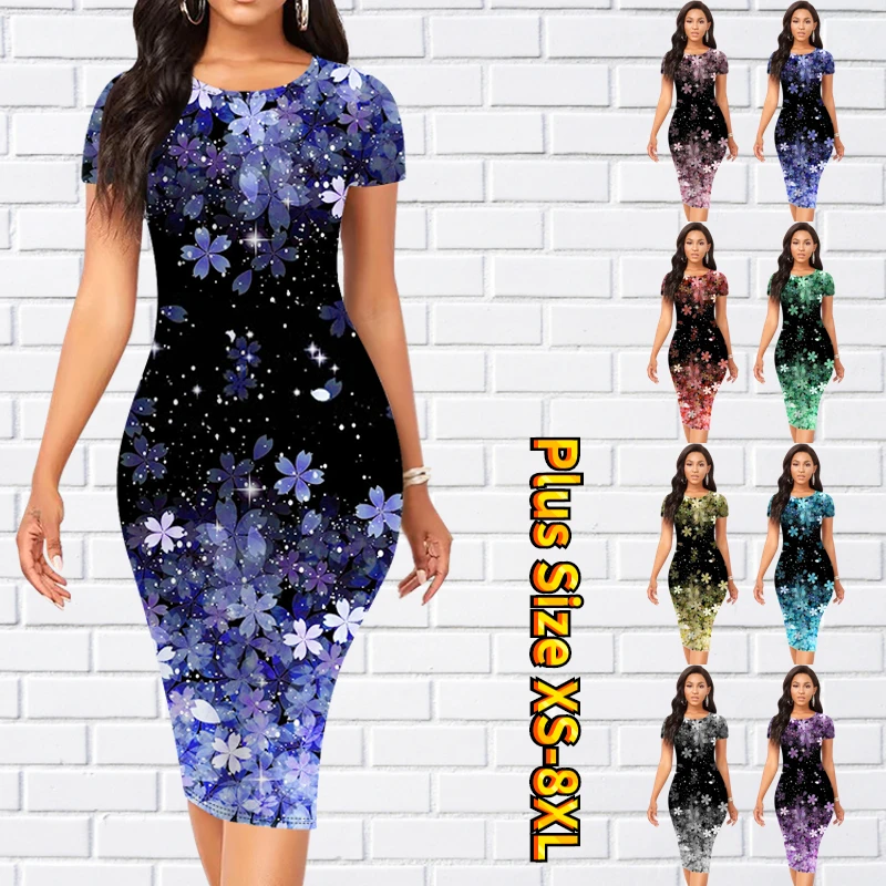 

Sexy Short Sleeve Skirt Vintage Knee-length Skirt Summer Round Neck Fashion Slim Skirt Women New Design Printing Tight Skirt
