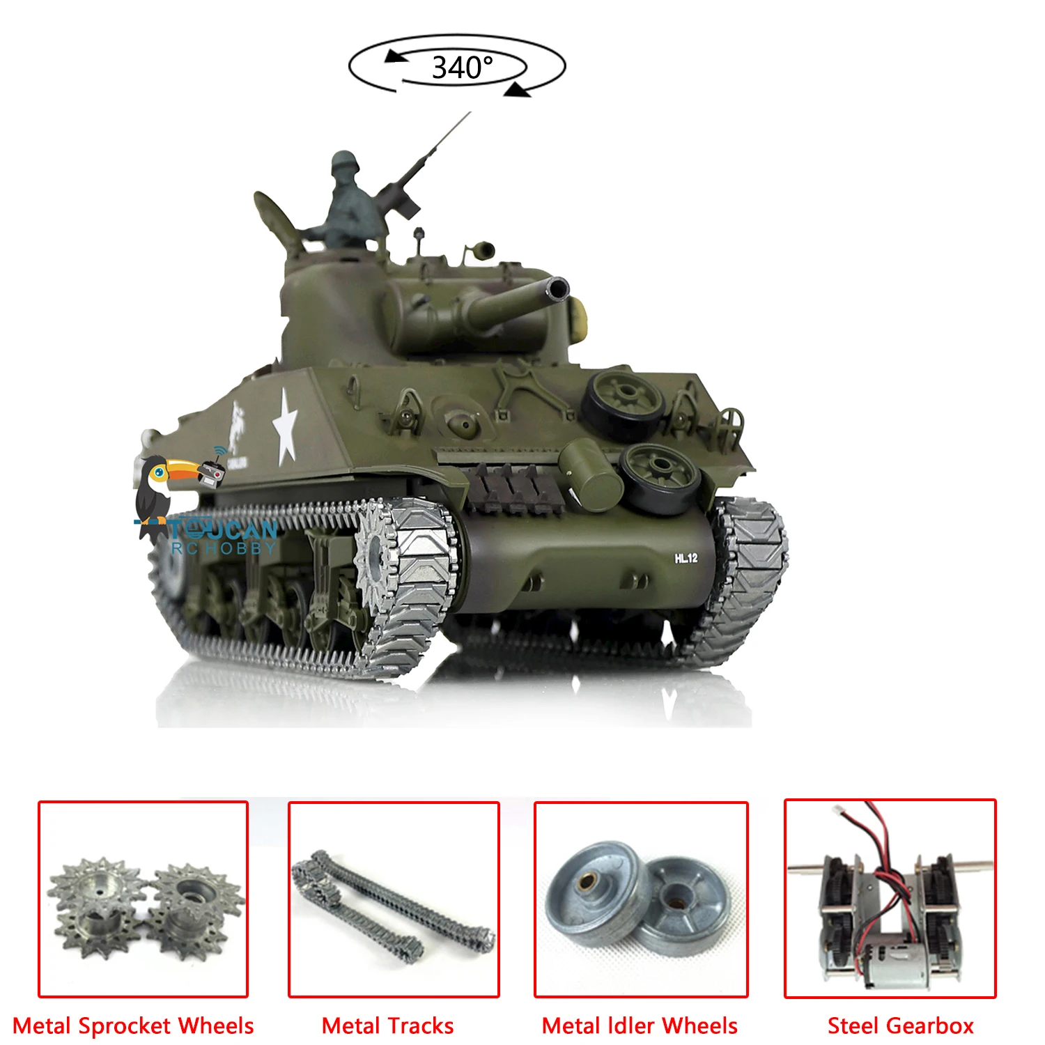 2.4G Henglong 1/16 Scale M4A3 Sherman Short Barrel RTR RC Tank 3898 With Metal Tracks 1800mah Tank Battery 7.0 Upgraded Ver 2