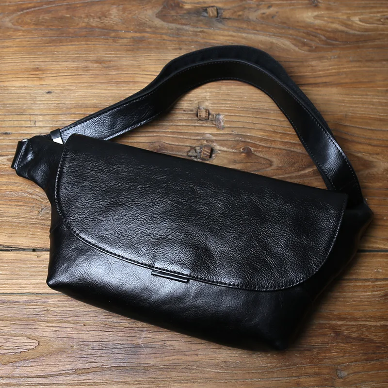 NZPJ Genuine Leather Men's Chest Bag Leisure Top Layer Cowhider Messenger Bag Black Tablet Computer Bag  For 8-Inch IPad