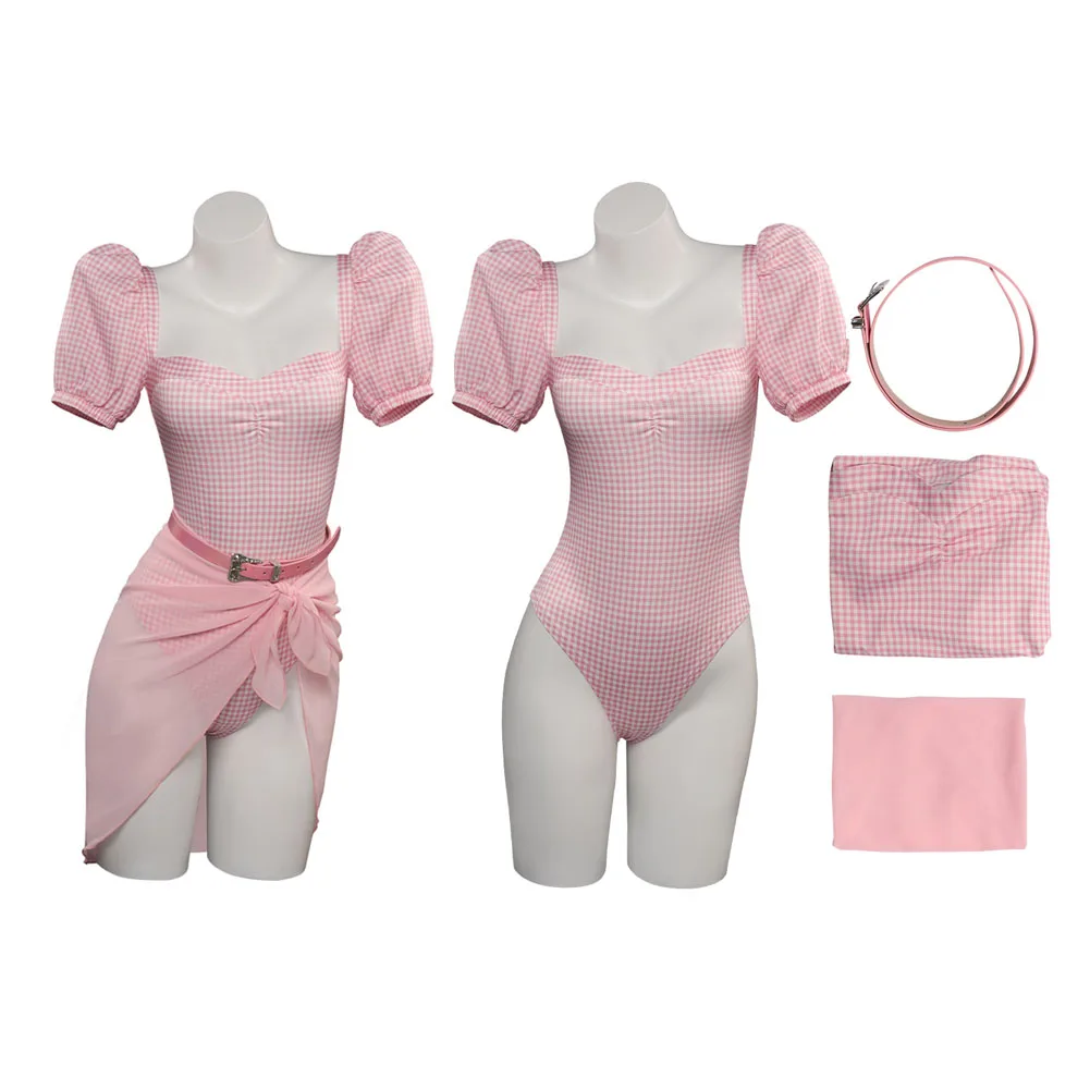 

Movie Margot Barbier Clothes for Women Cosplay Costume Pink Dress Jumpsuit Belt Fantasia Outfit Halloween Carnival Party Suit