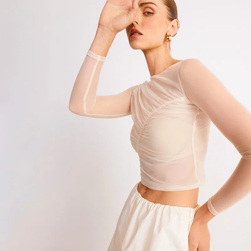 Summer See-Through Mesh T-shirt Top Women Pleated Patchwork See-Through Slim Cropped Top Tee Female Solid T-shirt Pullover