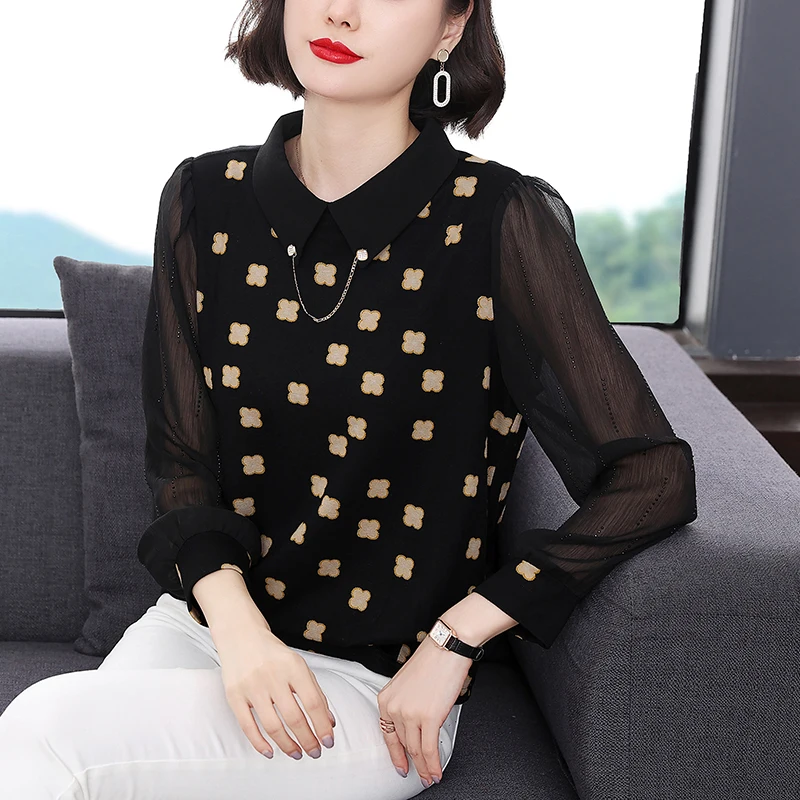 

Женская шифоновая рубашка-поло с длинным рукавом, в стиле пэчворк