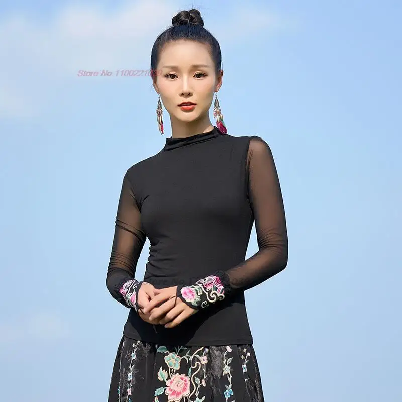chinese improved mesh shirt national flower embroidery stand collar shirt vintage hanfu tops oriental tang suit base