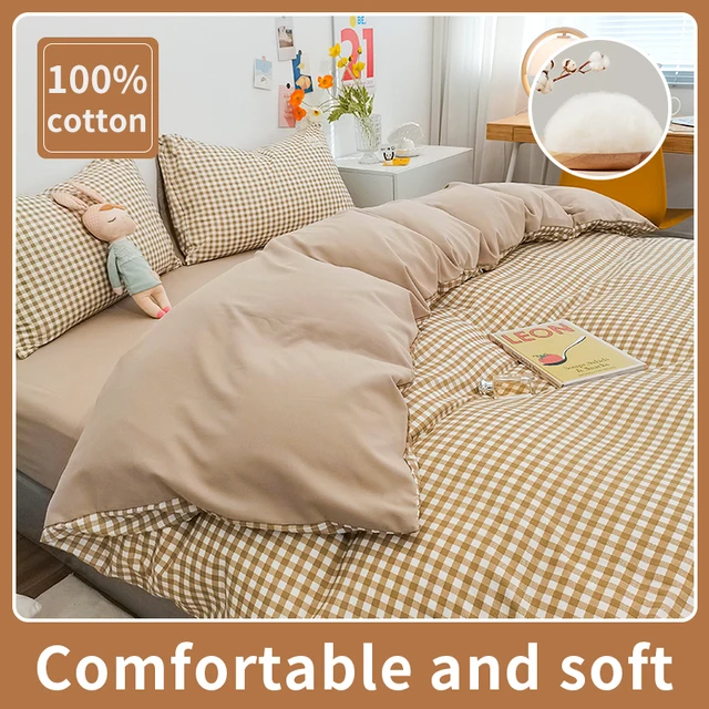 Ensemble de housse de couette 100% coton, ensemble de literie avec rayures à carreaux, respirant et respectueux de la peau, 1 housse de couette, 2 taies d'oreiller, Style Simple japonais 1