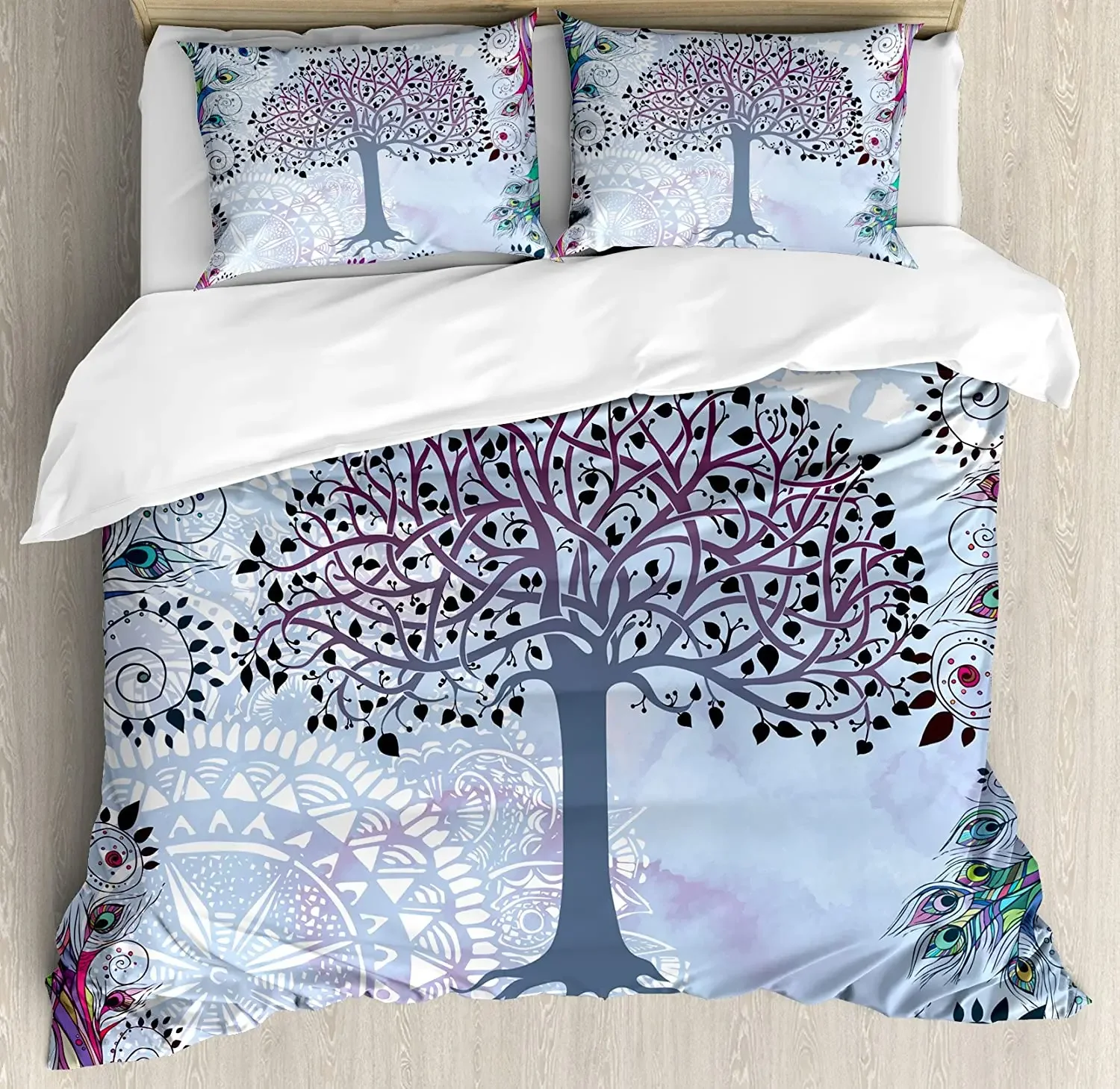 

Nature Bedding Set For Bedroom Bed Home Cute Tree of Life Motif with Peacock Feathers Trib Duvet Cover Quilt Cover Pillowcase