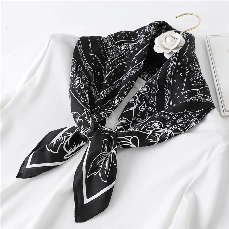 Girl Silk Scarf Luxury Women Hair Scarves 70*70cm Square Design Pink Flower Headscarf Summer Shawl Hijab Paisley Wrap Headband 4