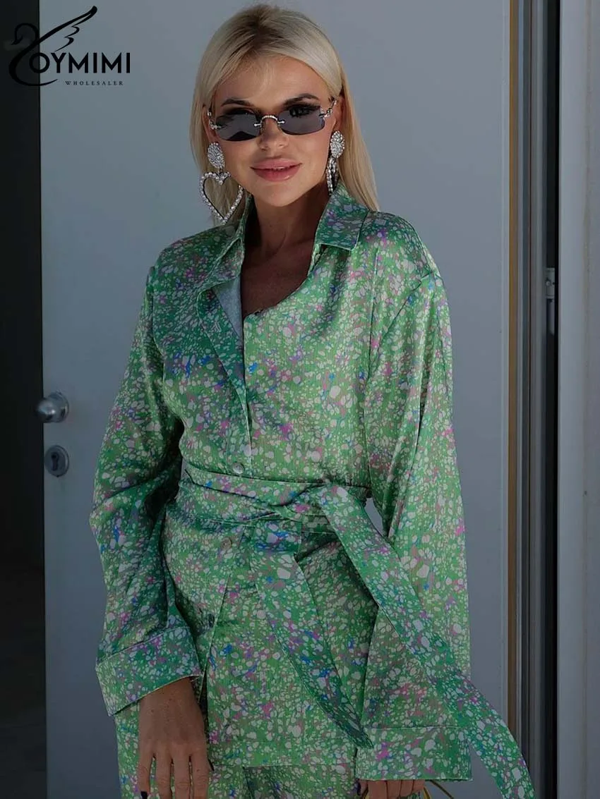 Oymimi Casual Green Print Women 2 Piece Set Outfit Elegant Lapel Long Sleeve Lace-Up Shirts And High Waisted Straight Pants Sets