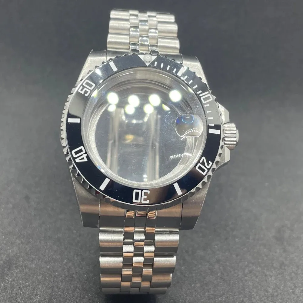Elegant 40MM Stainless Steel Watch Case with Solid Bracelet and Glide Lock Clasp