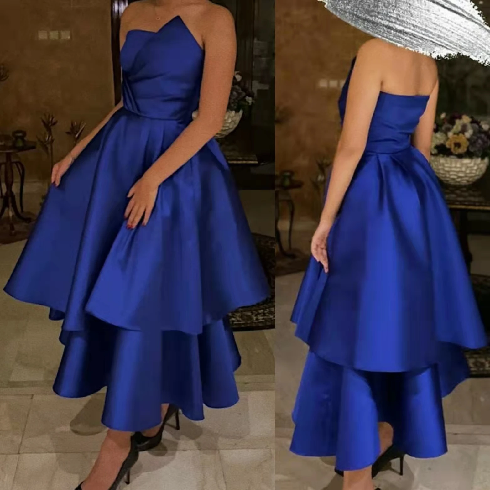 Elegant Short Satin Scalloped Evening Dresses فساتين السهرة A-Line Royal Blue Tea Length Prom Dress Robe de soirée for Women