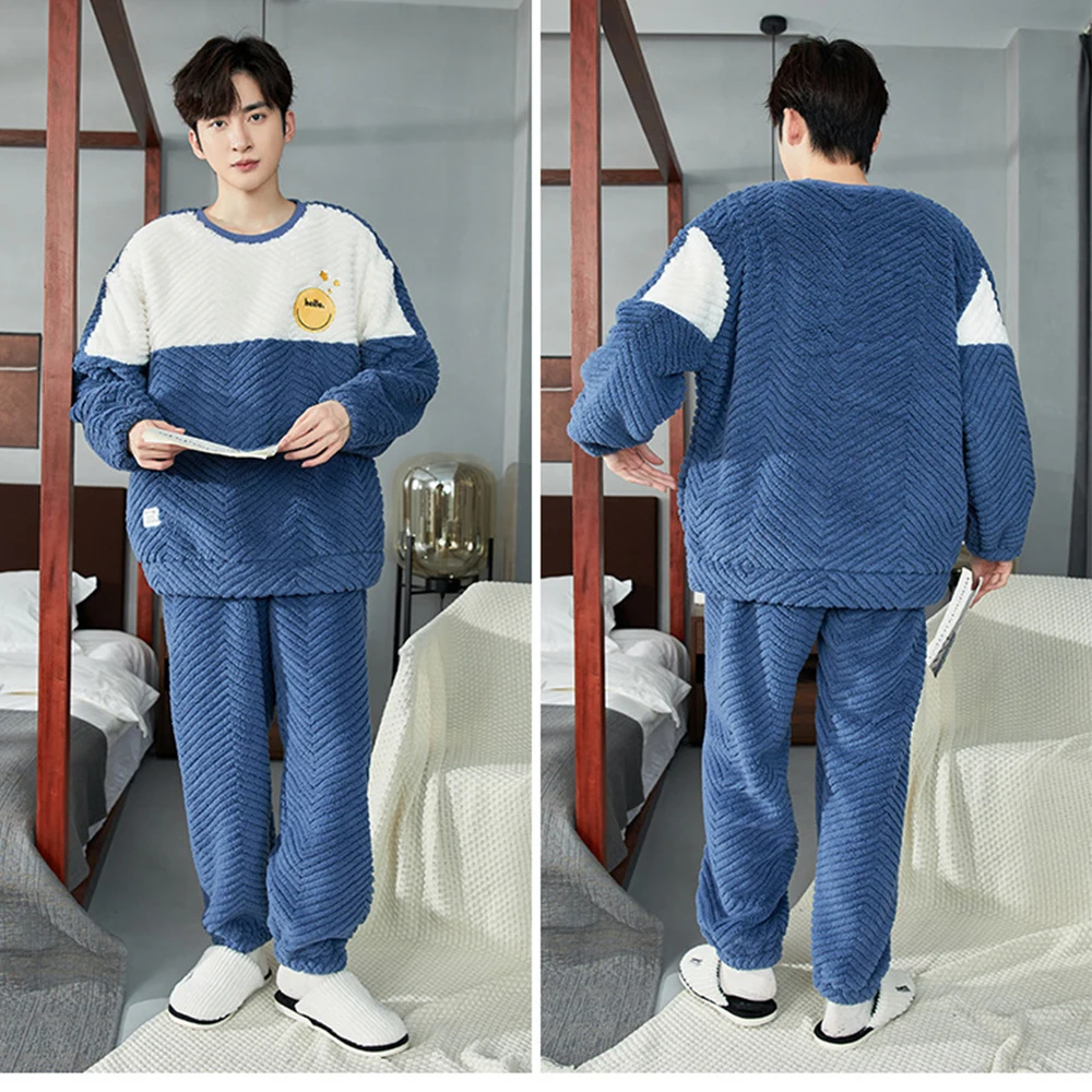 Winter Thicken Flannel Sleepwear for Sleeping Men's Pajamas Set Korean Style Cartoon Pajama Warm Loose Comfortable pijama hombre