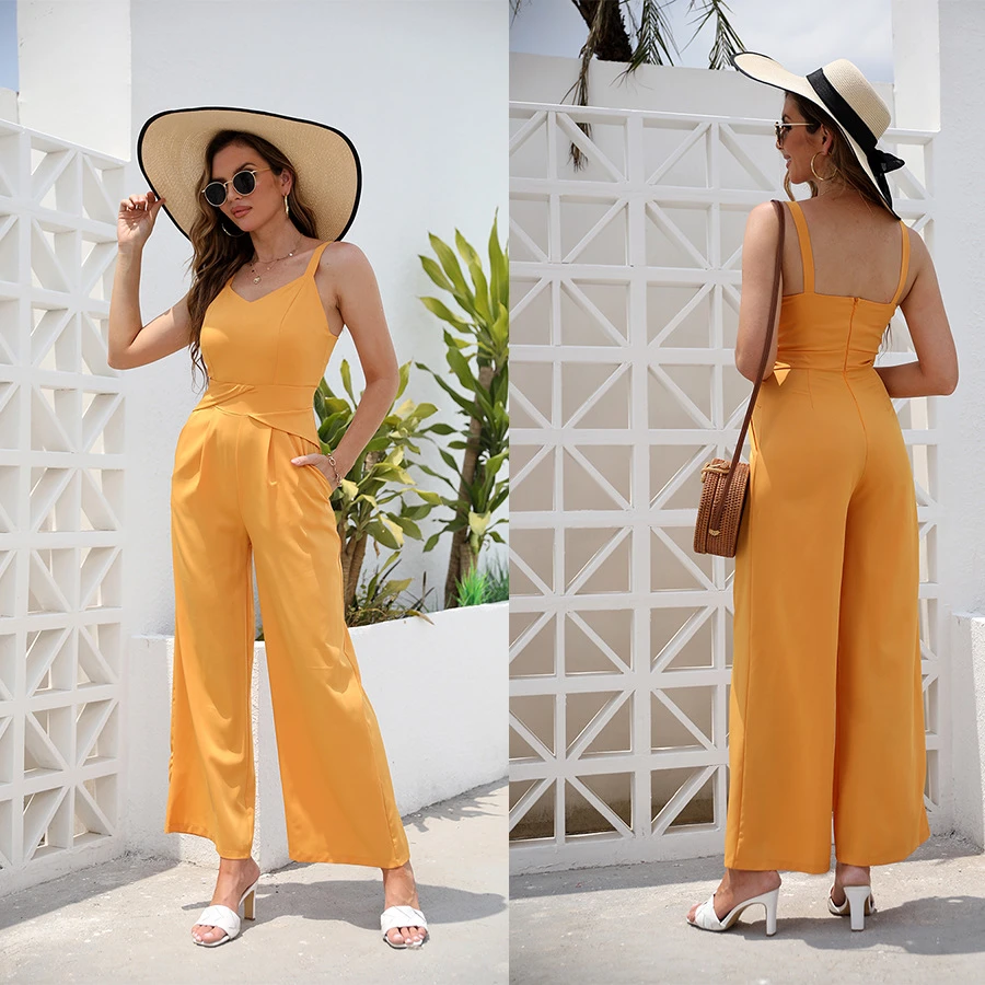 Tute per donna 2022 eleganti bretelle gialle scollo a V Resort tuta da  spiaggia vita alta pantaloni larghi pantaloni da festa di nozze| | -  AliExpress