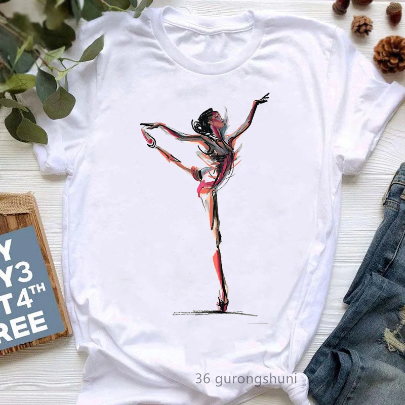 

Watercolor Dancer Print T Shirt Girls Aesthetic Clothes Cool White Short Sleeve Tshirt Femme Summer Fashion Female T-Shirt