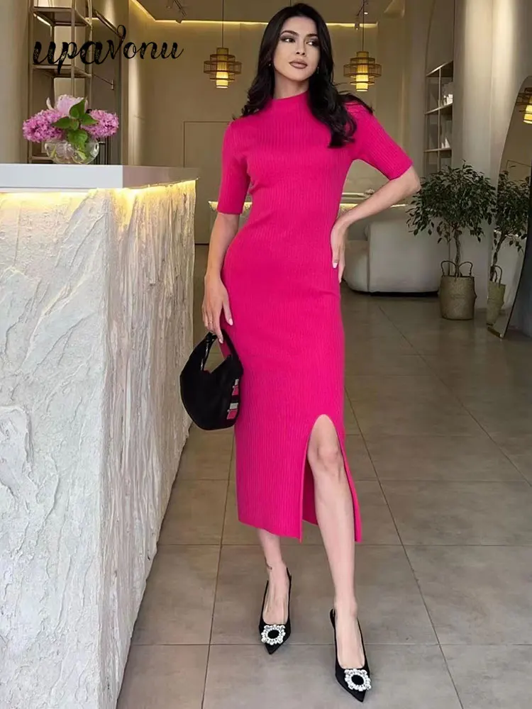 

Elegant Standing Neck Short Sleeve Knitted Mid length Dress Women's Fashion Bodycon Split Dress Celebrity Cocktail Party Vestido