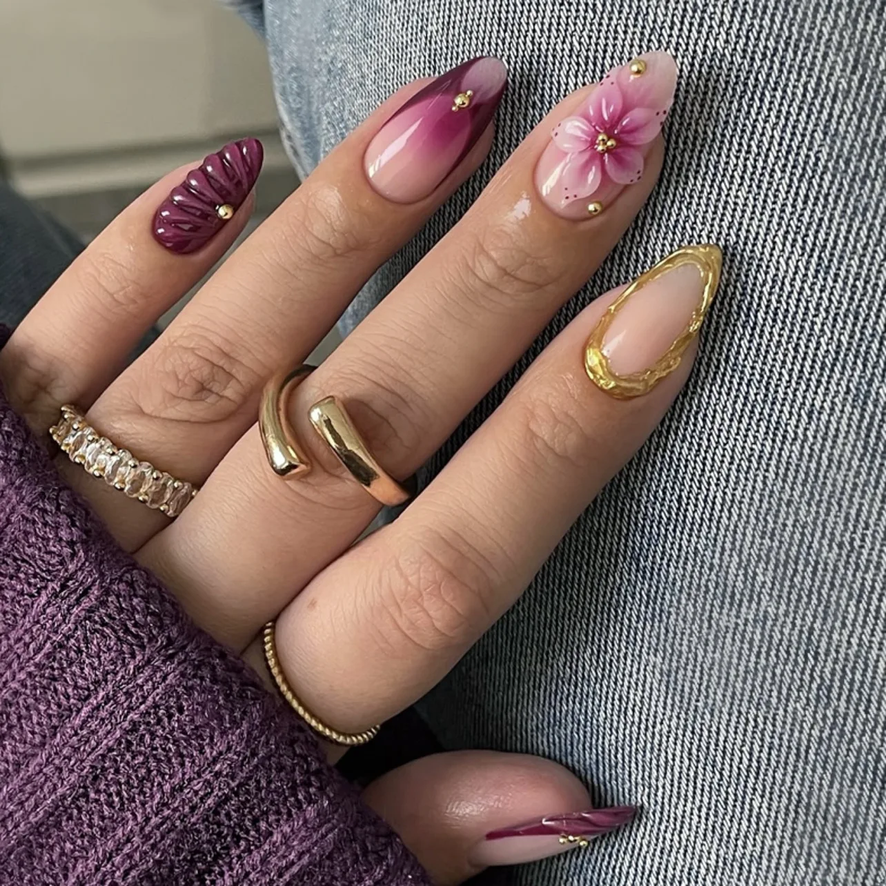 24PCS Pink Almond Press-On Nails with 3D Floral Design and Golden Pearl Accent