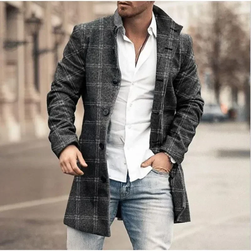 Checkered Men's Trench Coat Autumn Winter Outdoor Casual Windproof Woolen Jacket