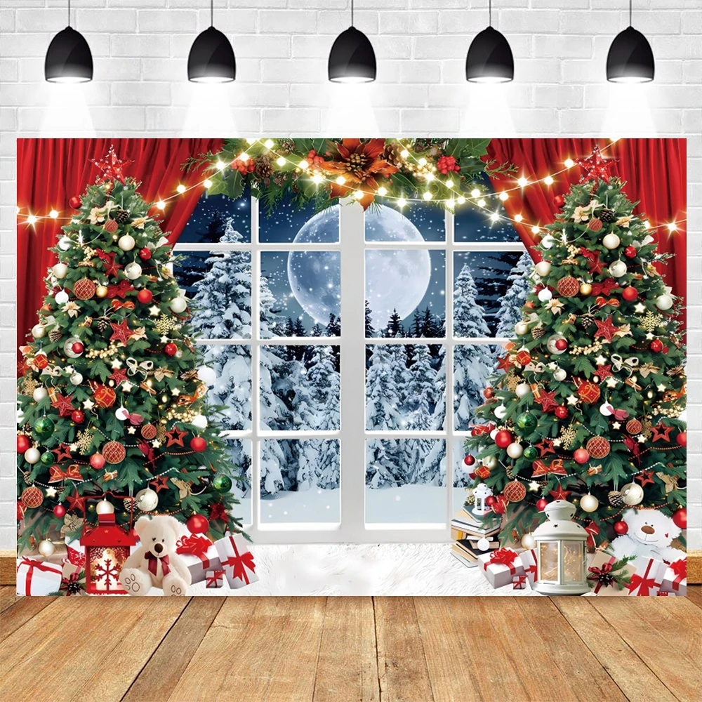 Photo Backdrop Winter Christmas Photography Background Fireplace Christmas Tree Window Snow Gift Party Baby Portrait Photography Backdrop Decor