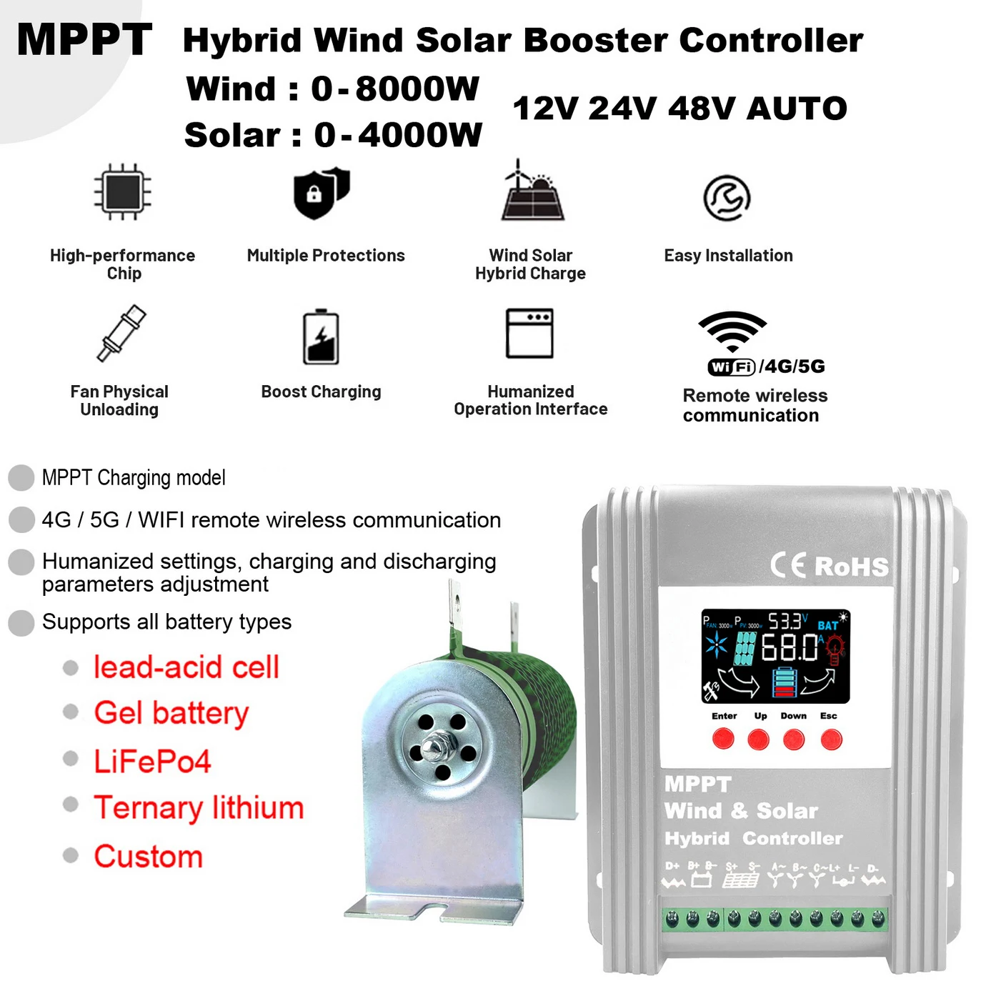 7000W MPPT Hybrid Wind Solar Charge Discharge Booster Controller WIFI Monitor For 12V 24V 48V Lifepo4 Lithium Lead Acid Battery