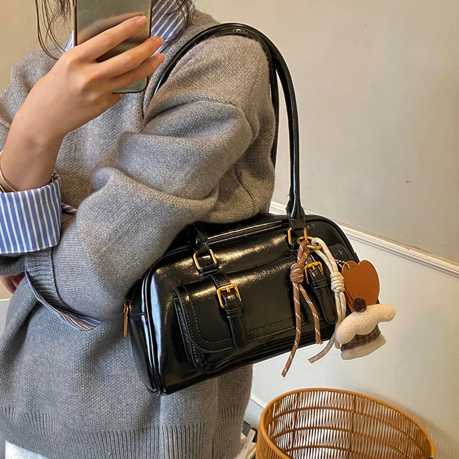 Women PU Tote Bag with Zipper Underarm Bag Boston Bag Large Capacity for Travel Shopping Daily Use