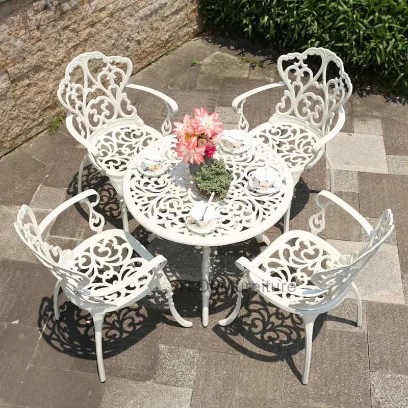 

Outdoor Cast Aluminum Tables And Chairs Courtyard Garden Hotel Urniture Terrace Combination leisure Metal Round Patio Table