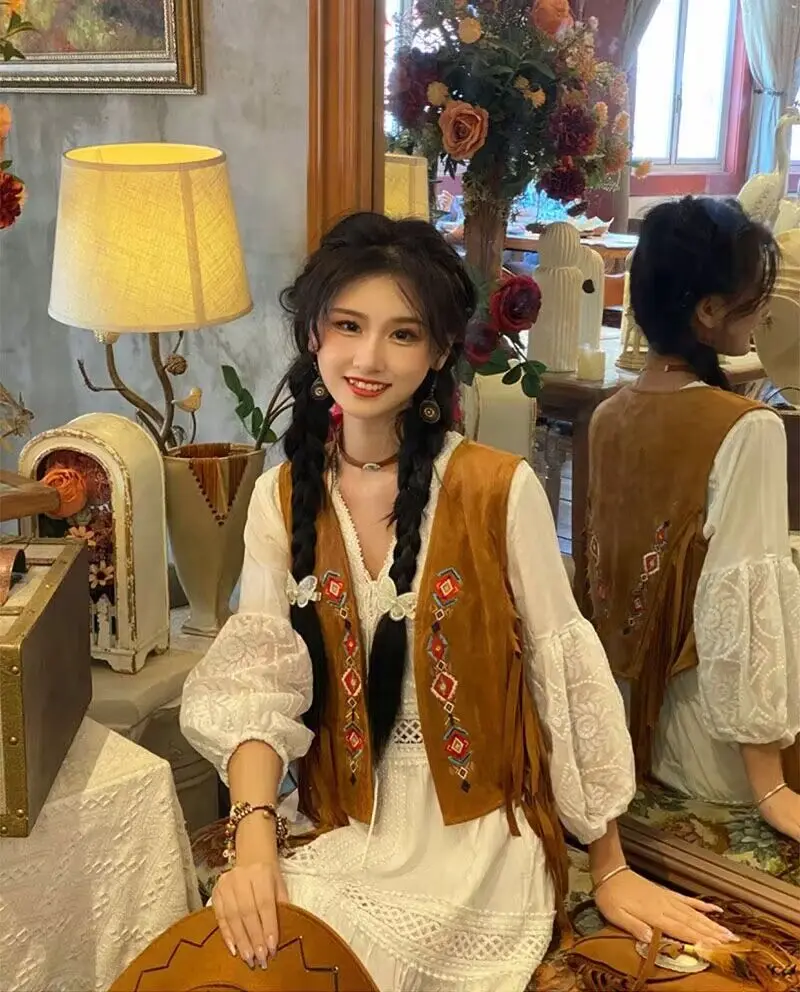 Womens Embroidered Fringe Waistcoat Vintage Vest Top