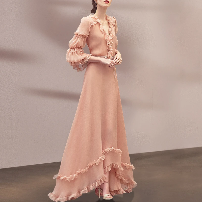 

High Quality Runway Designer Dress Women 2023 Spring Summer Elegant V-neck Long Sleeve Ruffles Pleated Maxi Dress Female
