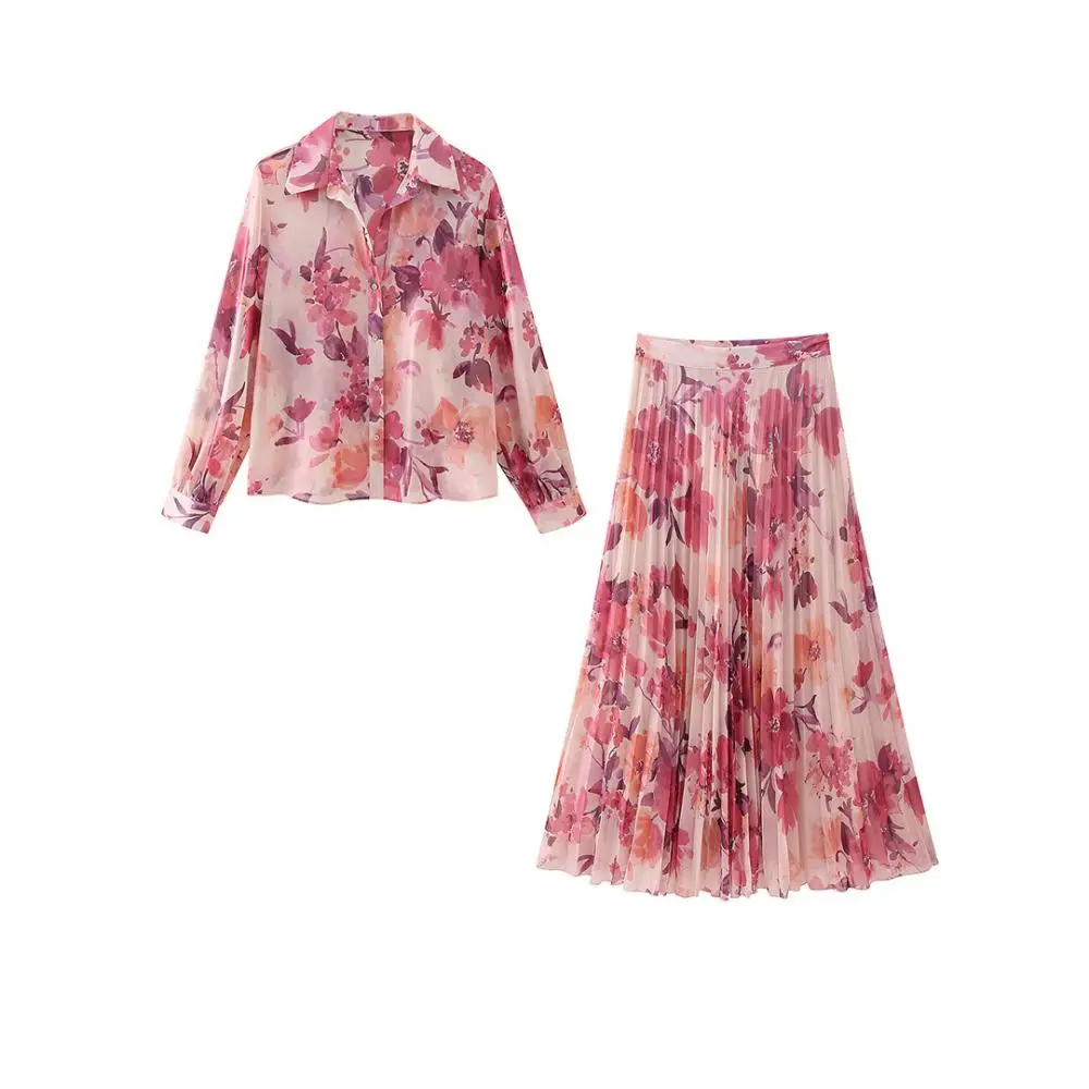 

Women's Summer Floral Print 2 Piece Outfits Long Sleeve Chiffon Print Button Cardigans Ruffle Hem Skirt Casual Resort Wear