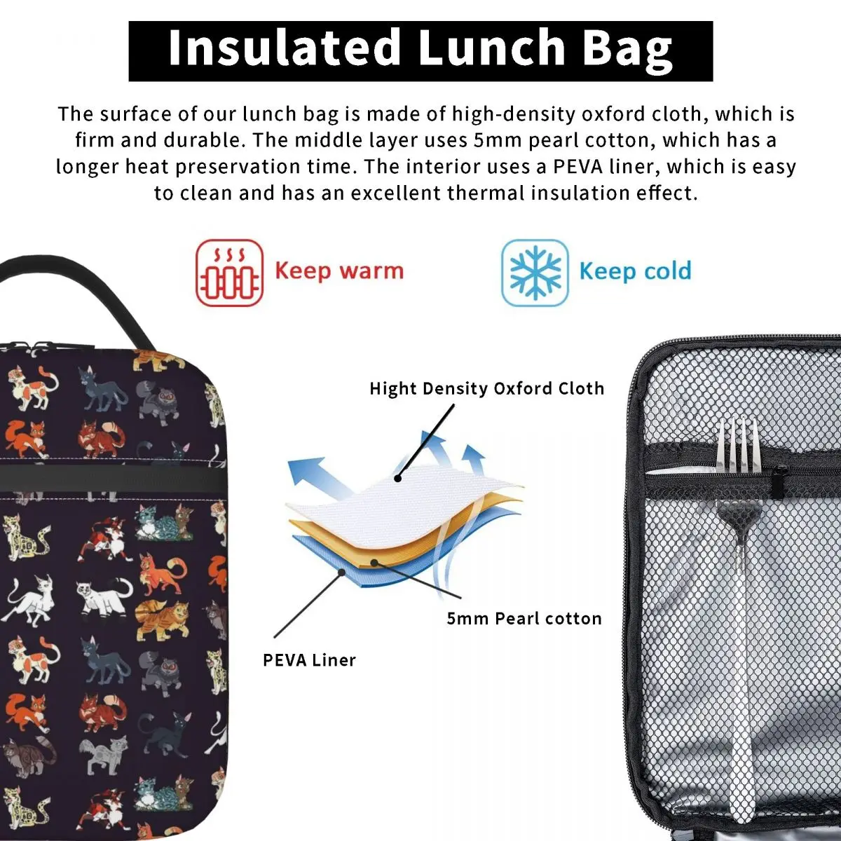 Warrior Cute Cats Lovers Insulated Lunch Bags Large Cool Lunch Container Cooler Bag Tote Box School Picnic Girl Boy