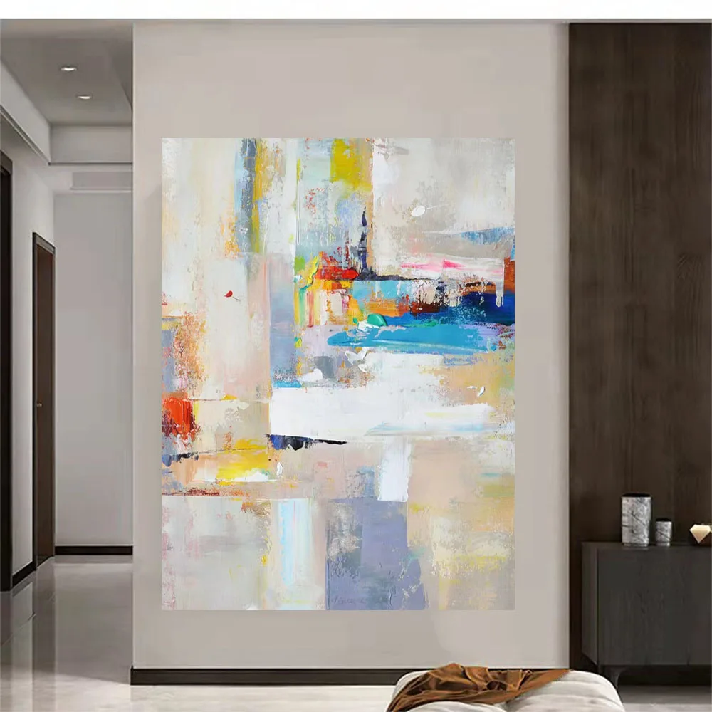 

Handpainted Large Textured Oil Painting Modern Abstract POP Geometry Wall Art Picture Vertical Living Room Porch Entrance Decor