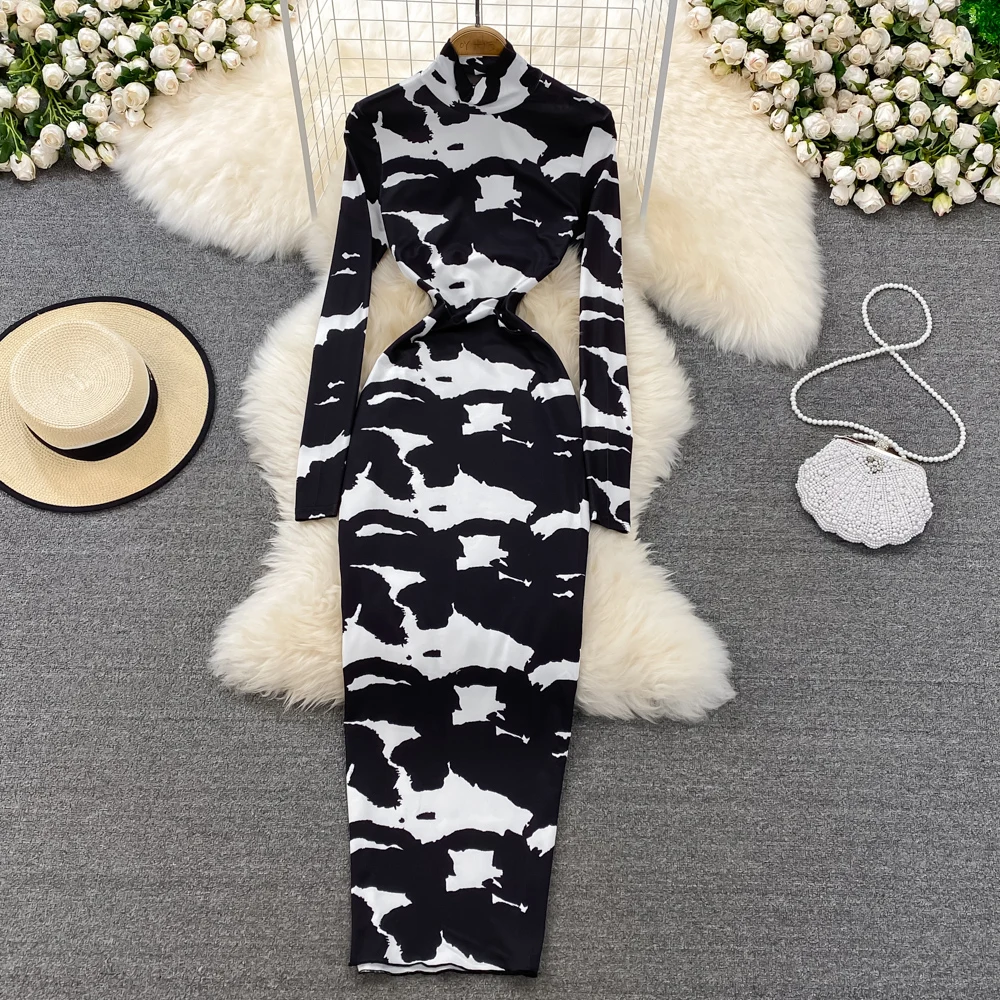 

2022 Spring and Autumn Vintage Elastic Tight Slim Print Stand Collar Dress Elegant Temperament Bottomed Hip Wrap Long Dress