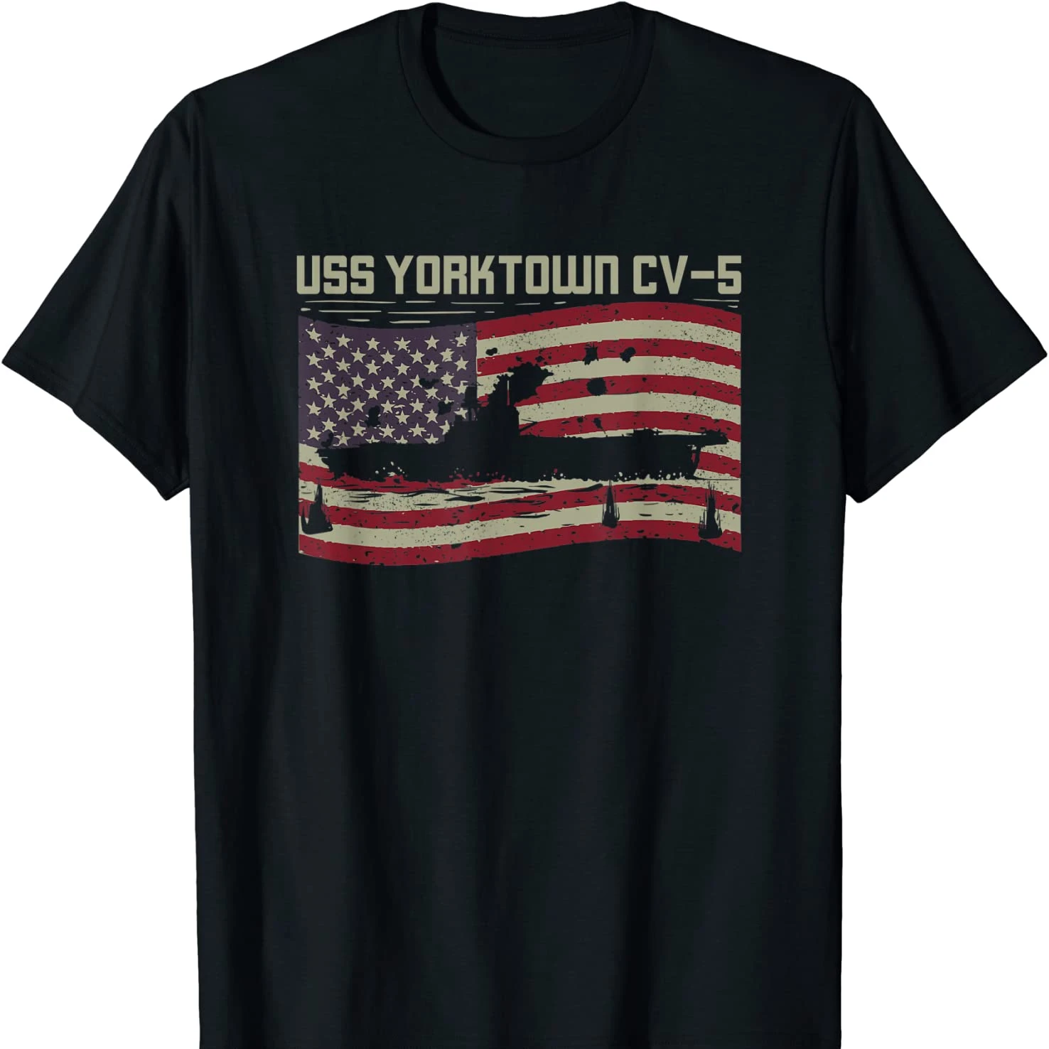 

Retro America Flag USS CV-5 Yorktown Aircraft Carrier T Shirt. New 100% Cotton Short Sleeve O-Neck T-shirt Casual Mens Top