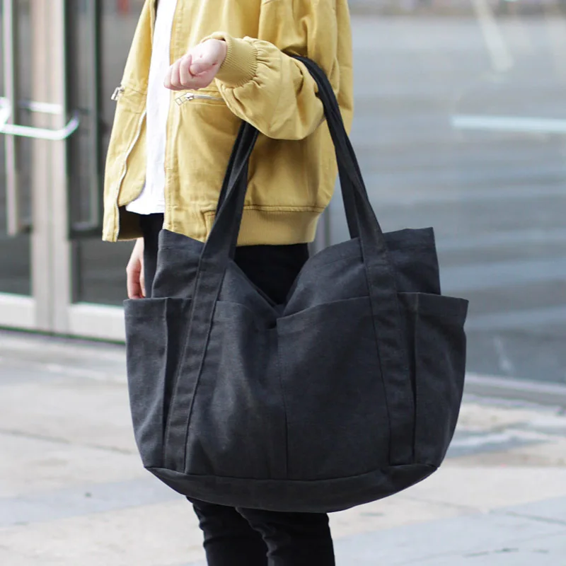 Multi-pockets Canvas Zipper Handbag for Student School Teacher Leisure Top-handle Bag for Teenager Big Shopping Shoulder Bag