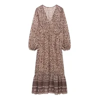 2025 Spring New Product Women's Stacked Decorative Printed V-neck Midi Dress Fashion Retro Pattern Printed Skirt - Image 2