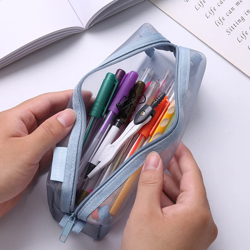 Pen Bag Translucent Simple Mesh Student Exam Stationery Bag Large Capacity Portable Storage Study Supplies