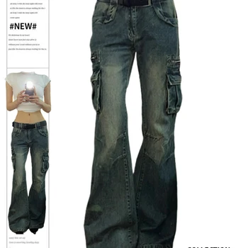 여성용 빈티지 블루 카고 청바지, Y2k 90 년대 미적인 헐렁한 데님 바지, 2000 년대 하라주쿠 오버사이즈 카우보이 바지, 쓰레기 옷 2023