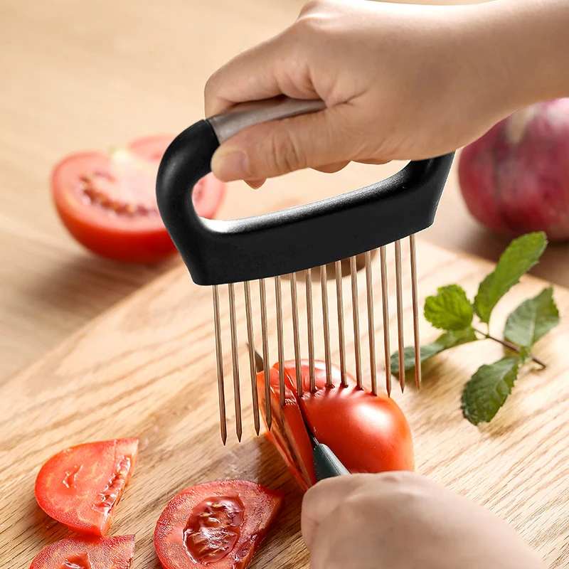 Stainless Steel Onion Cutter Holder Vegetables Fruit Slicer Tomato Potato Onion Chopper Vegetables Cutting Fork Kitchen Gadgets 2
