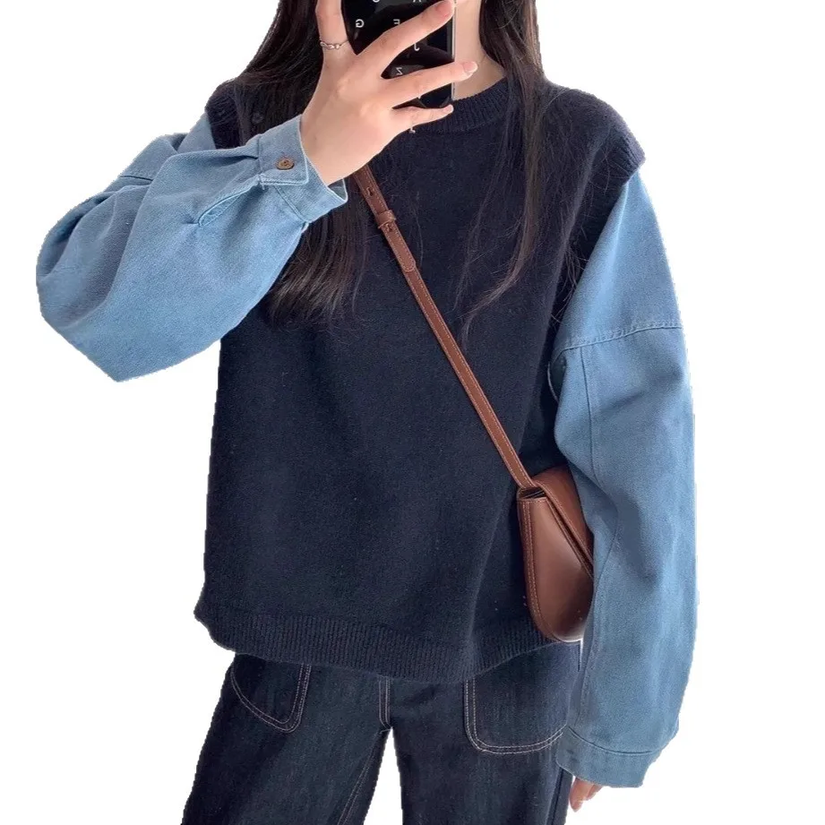 Women Denim Patchwork Long Sleeve Knitted Sweater