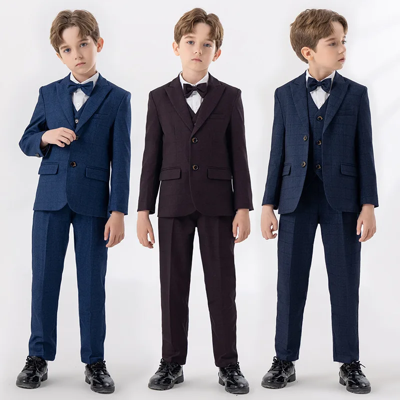 

Kids Gentleman Suit Boys British Small Plaid Suit Coat Boy Dresses of Bride Fellow Kids Host Costume