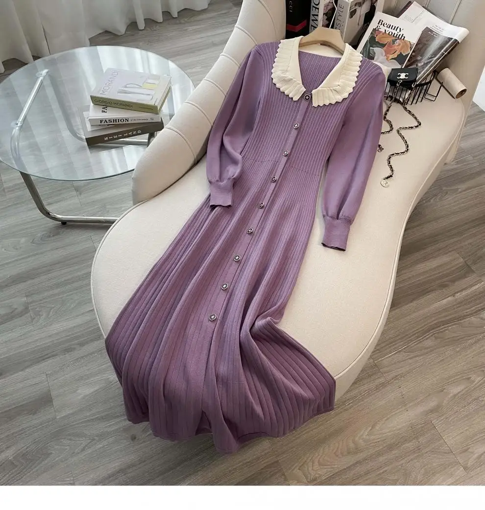 

French Vintage Purple Knitted Long Dress Women Spring Peter Pan Collar Lantern Sleeve Dresses Fashion Elegant Simple Knitwear